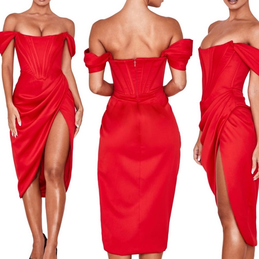HOUSE OF CB Loretta Off the Shoulder Satin Corset Dress, RED SIZE XL